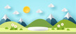 Paper cut 3d podium on spring summer season scene sun , clouds, mountains on blue sky background. Green nature landscape backdrop for product display advertising, presentation.