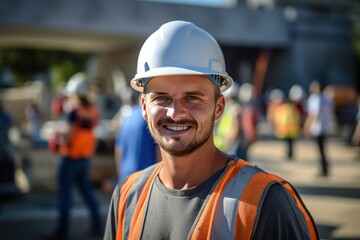 Canvas Print - construction worker and portrait with a smile for engineering and building renovation job. 