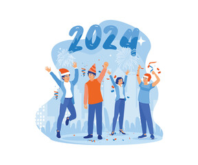 Wall Mural - Happy people celebrating the new year 2024. Having a party with fireworks and throwing confetti. Happy New Year 2024 concept. Trend Modern vector flat illustration