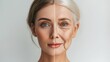 Comparison of the same woman with different face concept of old versus young with a copy space against a clean backdrop, Generative AI.