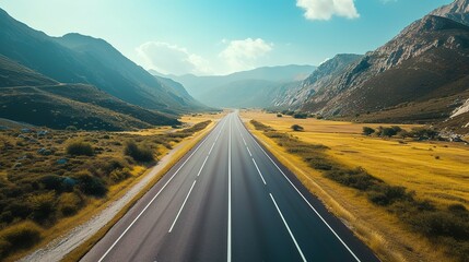 Wall Mural - An empty mountain highway on a sunny day, bird eye view