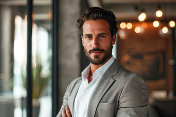 Business man dark haired wearing business attire but a little casual in an office setting