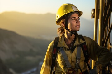 Female worker with hard work outdoors, woman with solar panels, 