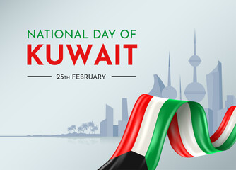 Poster - Kuwait National day with 3D ribbon flag. Bent waving 3D flag in colors of the Kuwait national flag