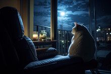 White Cat Sitting On The Window Sill At Night In A Dark Room