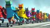 Fototapeta  - The parade takes a silly turn as a group of pens dressed in different colored capes and masks zoom by on roller skates pretending to be superheroes of the office.