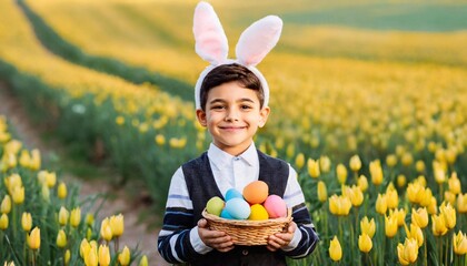 Wall Mural - Funny, content little boy wearing yellow with bunny ears and easter eggs.