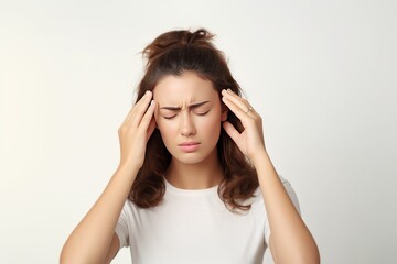 woman feeling unwell, suffering headache, touching temples, squinting from pain and headache,