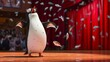 Cartoon scene A clumsy penguin attempts to juggle fish on stage but ends up slipping and accidentally throwing a fish into the audience. The audience erupts in laughter