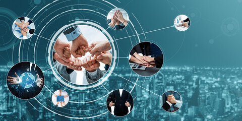 Teamwork and human resources HR management technology concept in corporate business with people group networking to support partnership, trust, teamwork and unity of coworkers in office vexel