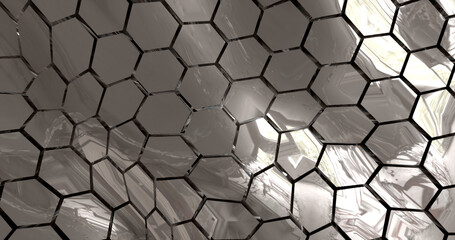 Abstract metallic silver chrome shiny cells hexagons with waves background