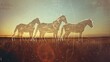 The outline of three horses, inside which is an image of the horizon with a herd of horses   