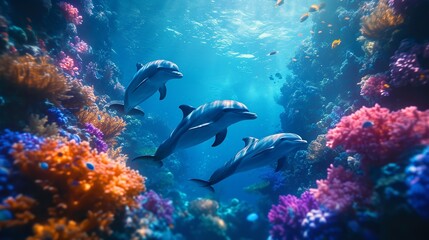 Wall Mural - Dolphin group swimming in lively underwater light as the surface of the water glows, Generative AI.