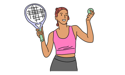 line art color of woman tennis player vector illustration