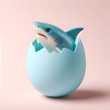 Fototapeta Las - Easter shark hatching from light blue Easter egg isolated on pastel pink background