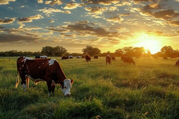 Cows grazing at sunset on a farm.