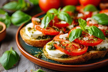 Wall Mural - Bruschetta with mozzarella tomatoes basil and pesto in a plate.