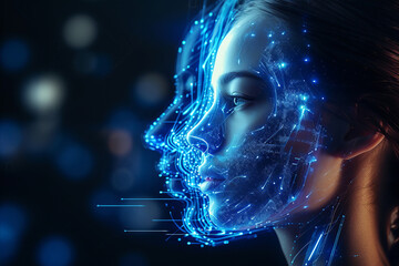 Wall Mural - portrait of a futuristic android woman with advanced technology data overlay