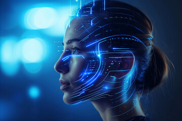 Wall Mural - portrait of a futuristic android woman with advanced technology data overlay