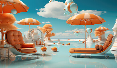 Leinwandbilder - Modern Beach Chairs with Umbrella on a Sand Ocean Beach extreme closeup. Generative AI