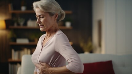 Woman sitting on a couch and holding her stomach. Suitable for healthcare, pregnancy, or digestive health concepts