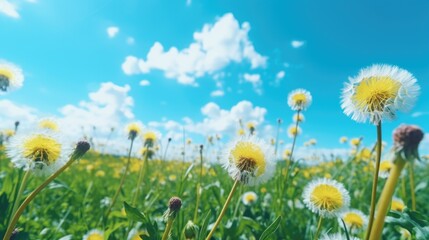 Sticker - A vibrant field full of yellow dandelions under a clear blue sky. Suitable for nature-themed designs and concepts