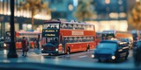 Fototapeta  - A red double decker bus driving down a street. Suitable for transportation and cityscape themes