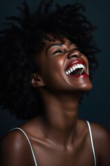 Poster - A joyful woman captured in a moment of pure laughter. This image can be used to depict happiness, humor, and positivity in various projects