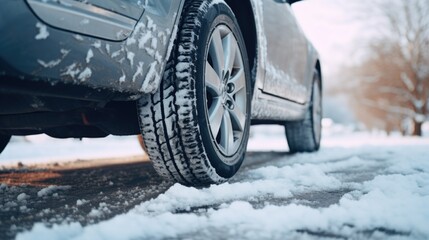 Poster - A close up view of a car tire on a snowy road. This image can be used to depict winter driving conditions or as a symbol of travel and adventure in cold weather