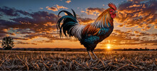 Portrait Of A Rooster On The Background Of Nature. AI