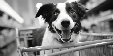 Canvas Print - A black and white photo of a dog sitting in a shopping cart. Suitable for various uses