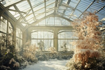 Canvas Print - A greenhouse covered in a thick layer of snow, creating a picturesque winter scene. Ideal for winter-themed designs and illustrations