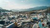 Fototapeta  - A pile of plastic bottles and other garbage on a beach. Can be used to raise awareness about pollution and environmental issues