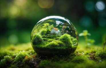 Crystal globe putting on moss. water dew, flower, creating beautfiul scene