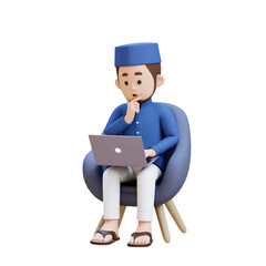 Wall Mural - 3D Characters of Muslim Man sit on sofa confuse thinking and working on a laptop perfect for banner, web dan marketing material