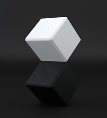 Wall Mural - white and black cube on black studio background.