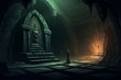 An eerie underground temple with a coffin, including a haunting background illustration. Generative AI