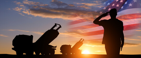 Wall Mural - Artillery rocket system and soldiers at sunset with USA flag. Multiple launch rocket system. Veterans Day, Memorial Day, Independence Day. America celebration. 3d illustration