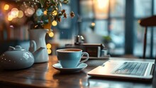 A Coffe Cup And Tea On A Table In A Cafe, Seamless Looping 4k Time Lapse, Animation Video Background