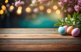 Fototapeta Zachód słońca - Emmpty wooden table background - easter spring theme
