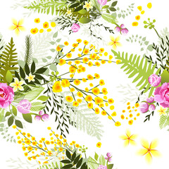 Wall Mural - Seamless spring background with mimosa and flowers. Hand drawing. Not AI. Vector illustration