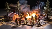 Miniature Model Of Firefighters Against The Fire. Accident Rescue Extinguishing Flames By Fire Fighters Toy Figures