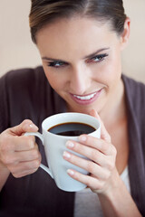 Poster - Woman, coffee and smile, relax in apartment for comfort or morning routine with warm drink. Caffeine beverage, latte or espresso smell with peace and calm for chill at home with positive attitude