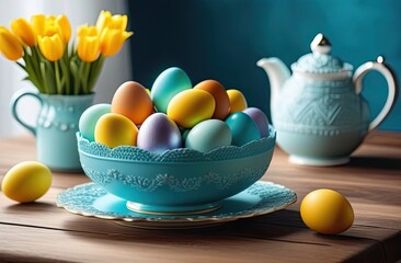 Wall Mural - Easter eggs in a beautiful vase on a background of flowers and a teapot