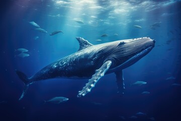 Whale swimming in the Blue Ocean, Underwater scene. 3d render, Sperm whale swimming underwater, AI Generated