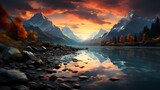 Fototapeta Do akwarium - A breathtaking sunrise casting a warm glow on a turquoise blue lake, awakening the mountains from their slumber