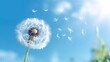 Close-up of a sunlit dew-kissed dandelion against a bright blue sky depicting essence of joy and lightness