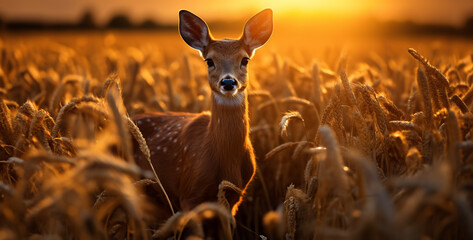 Wall Mural - Young whitetail deer doe in a wheat field at sunset, Young whitetail deer standing in the field of wheat at sunset