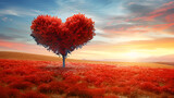 Fototapeta Natura - Tree of love. Red heart-shaped tree landscape. Valentine's Day background. generative Ai