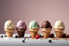 Ice Cream Cones With Chocolate, Vanilla, Strawberry, Vanilla And Chocolate Balls
